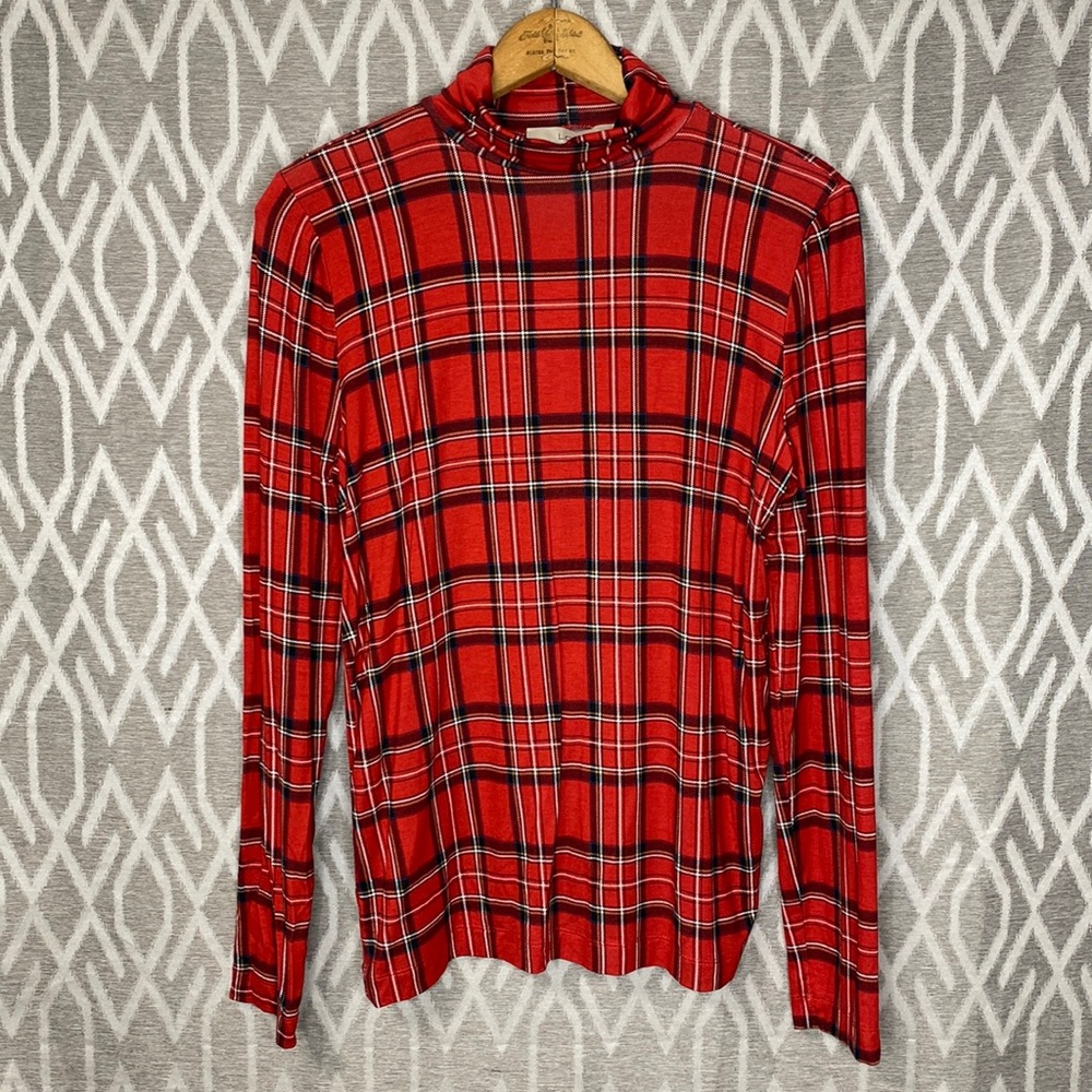 LOFT Turtleneck Shirt Red Plaid Holiday Festive Outfit Size: Large